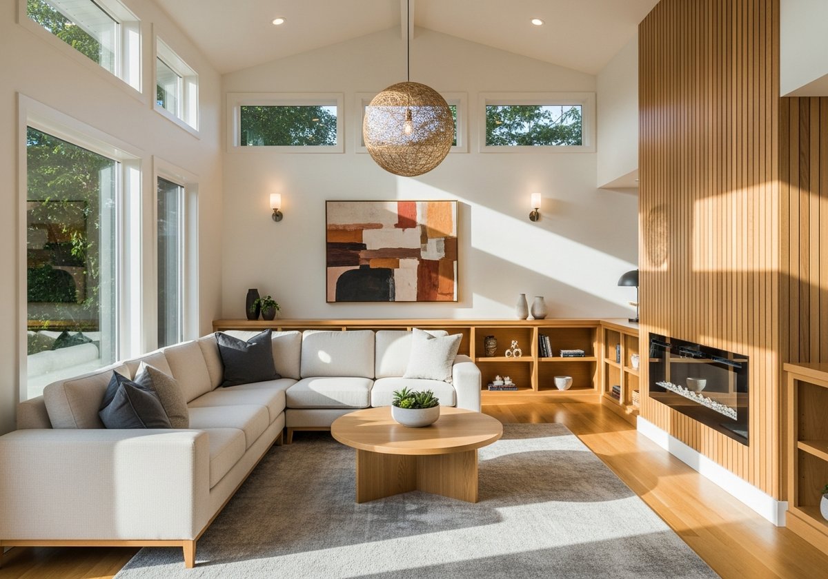 How Ceiling Height Impacts Comfort in Prefab Homes Bright prefab home living room with high ceilings and large windows showcasing spacious, comfortable interior design.