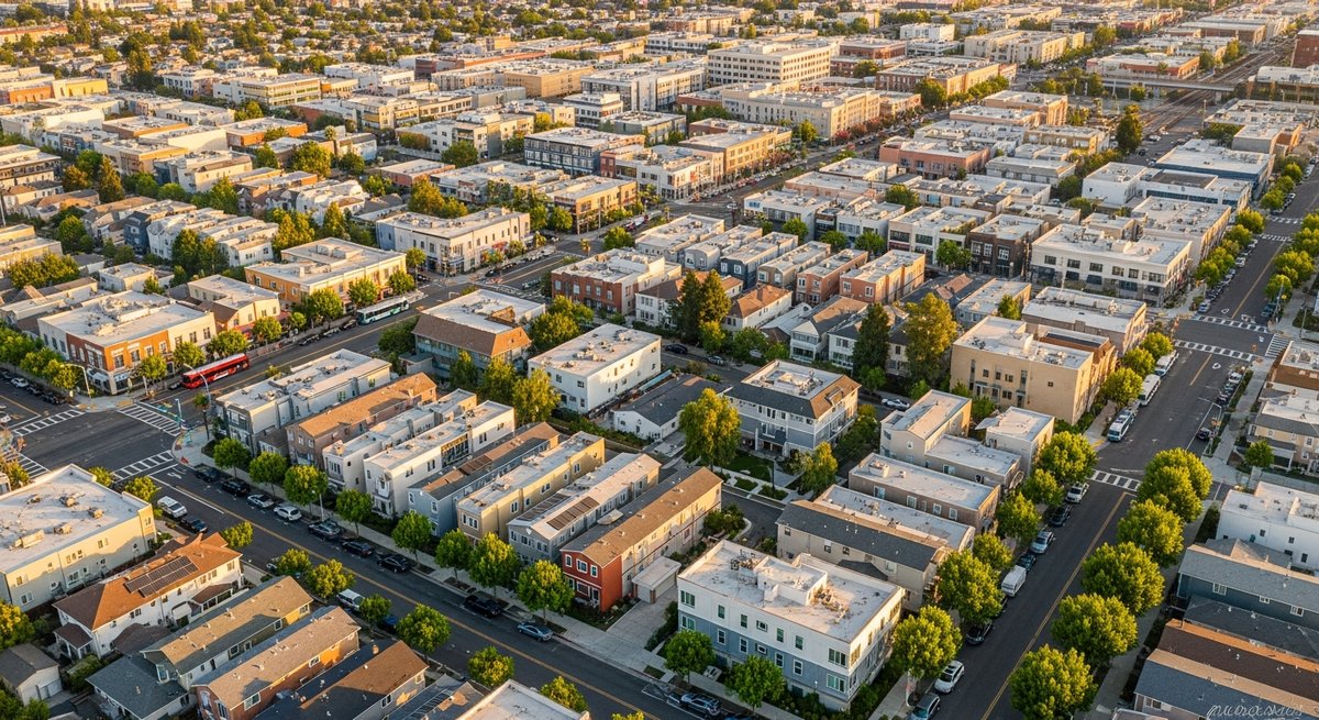 Aerial view of a dense California suburban neighborhood with mixed housing stock and strong real estate demand