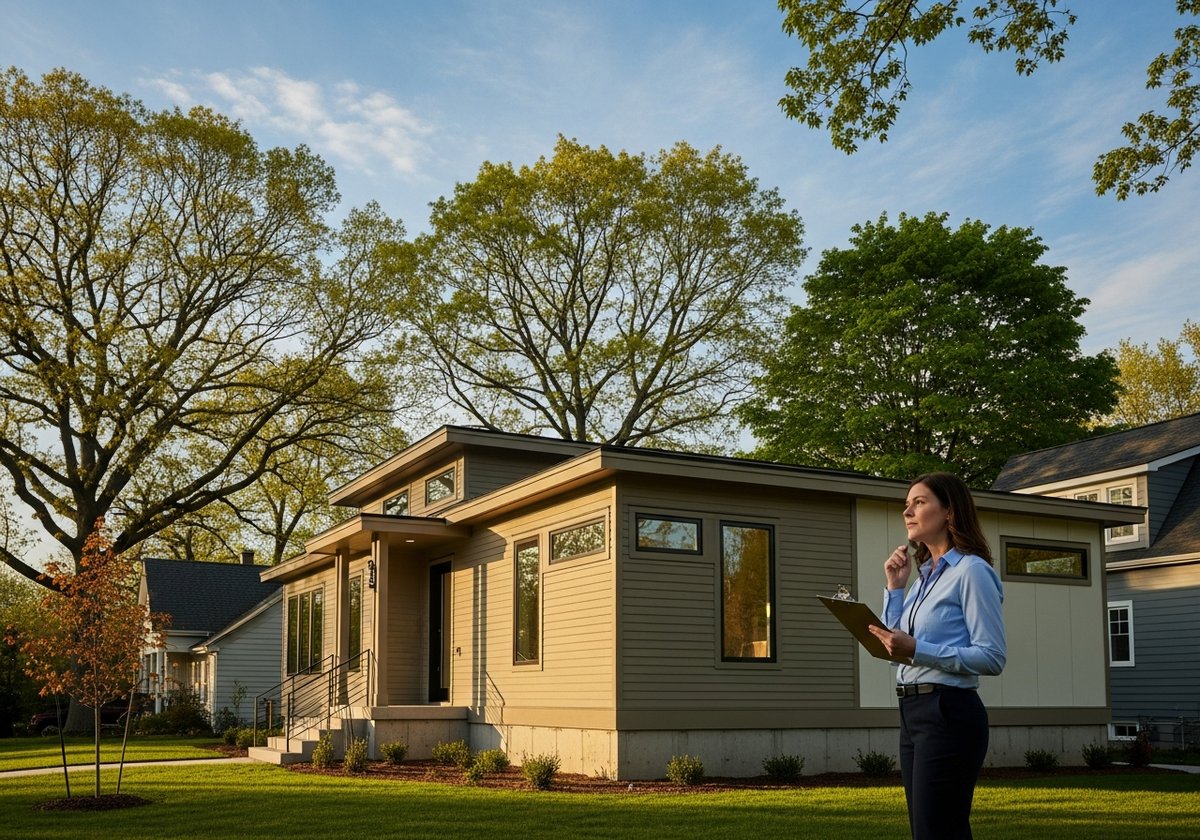 Tax assessor reviewing a modular prefab home installed on a permanent foundation in a residential neighborhood