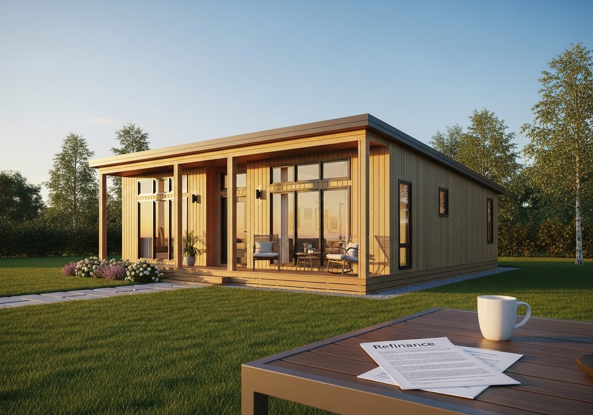 Are Prefab Homes Easier or Harder to Refinance? Modern modular prefab home on a suburban lot with landscaping, representing prefab home refinancing options.