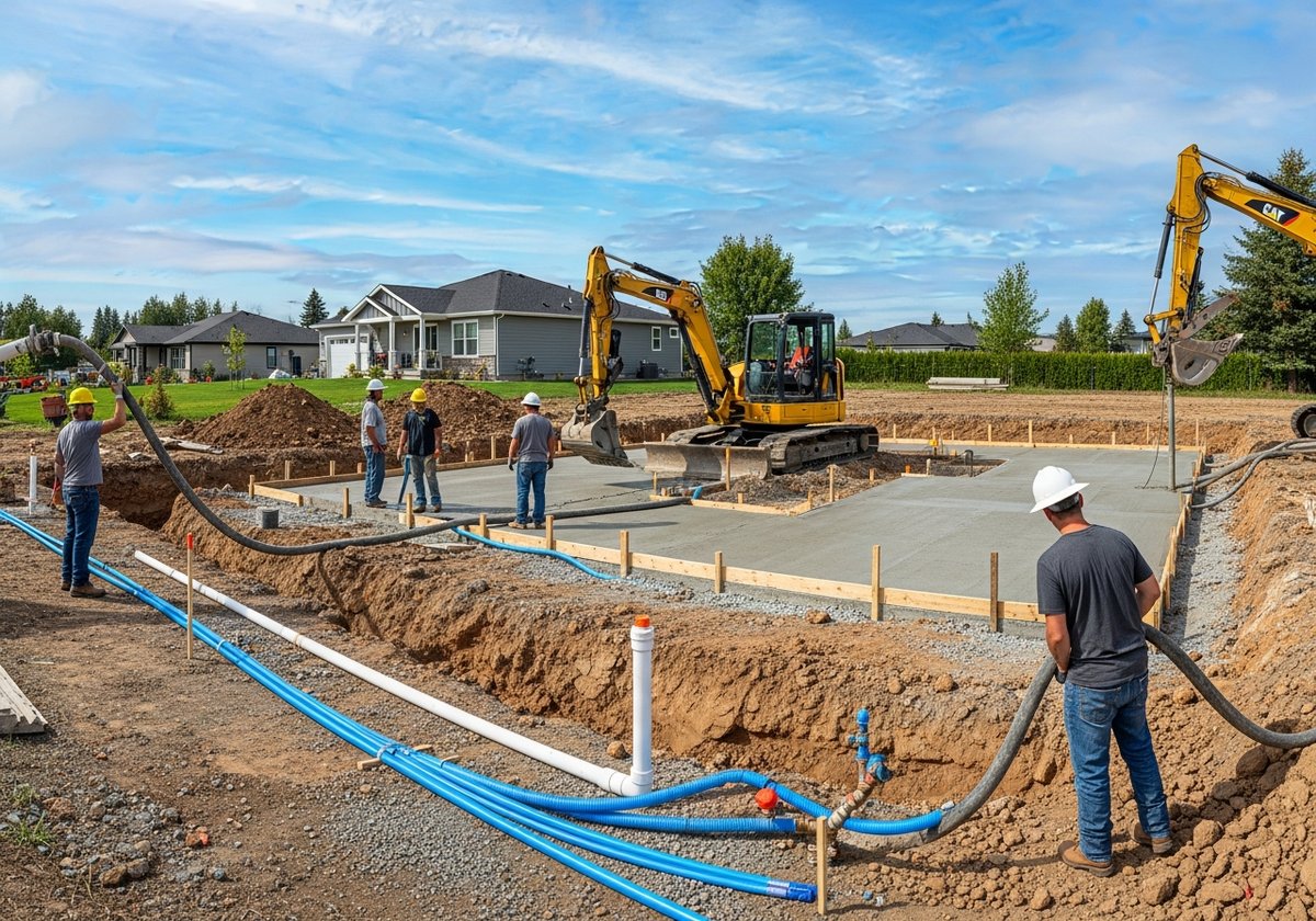 Construction site with foundation being poured and utility connections laid for a modular prefab home installation.