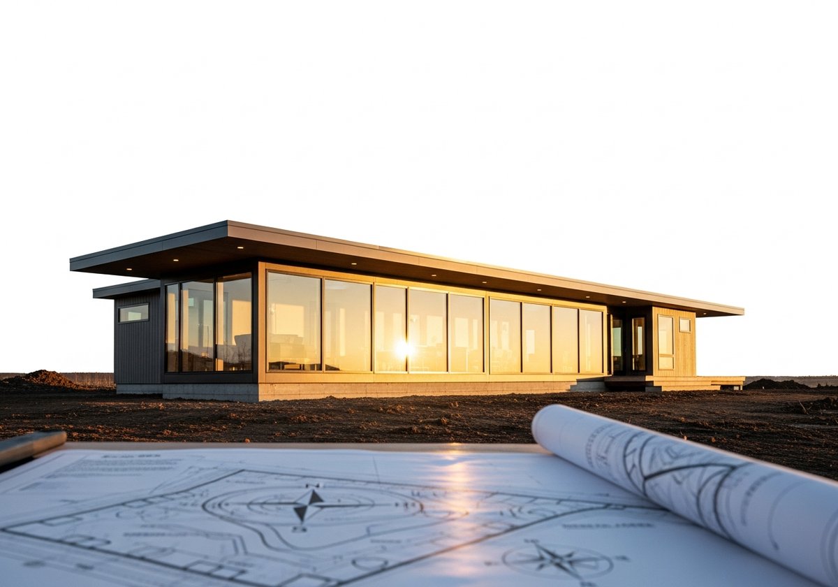 Prefab home positioned on site with south-facing glazing capturing low winter sun under a shading roof overhang