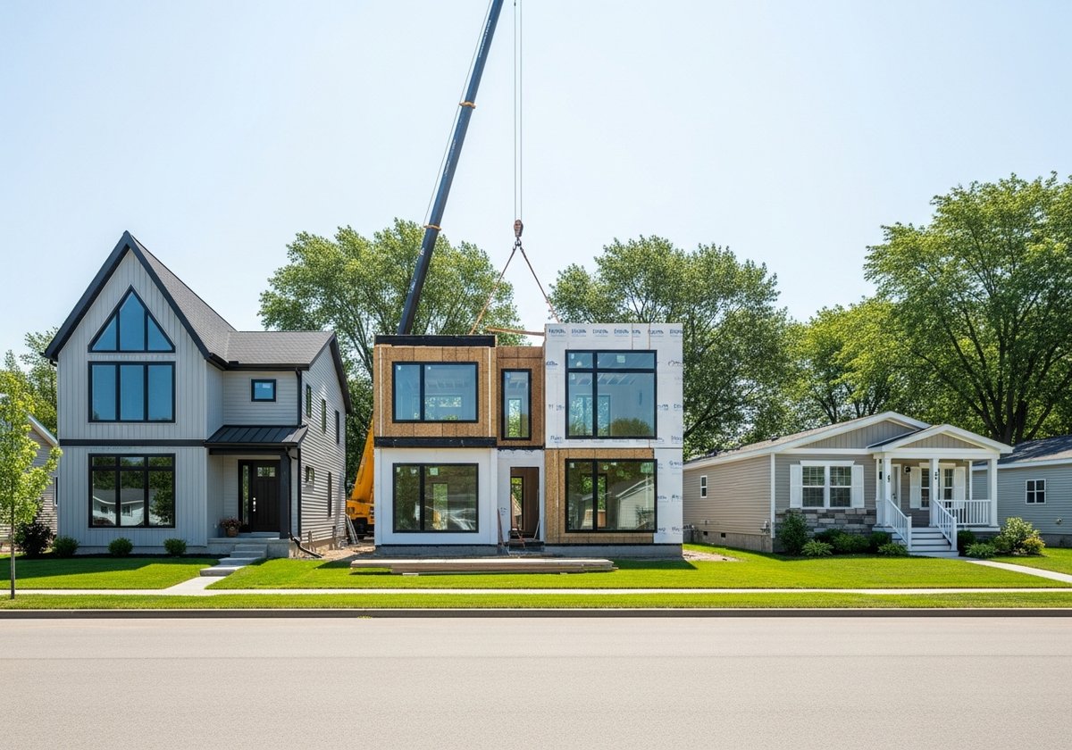Three different prefab home types — modular, panelized, and manufactured — shown on a residential street
