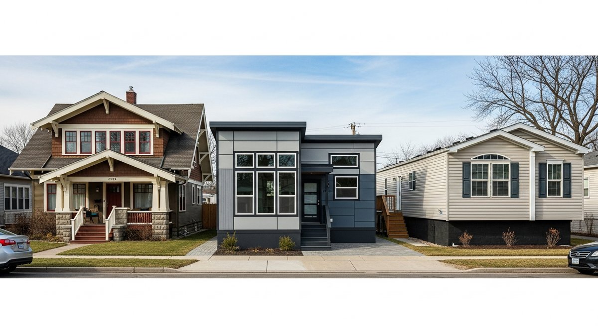 Three different housing types on a residential street illustrating manufactured, modular, and site-built home differences