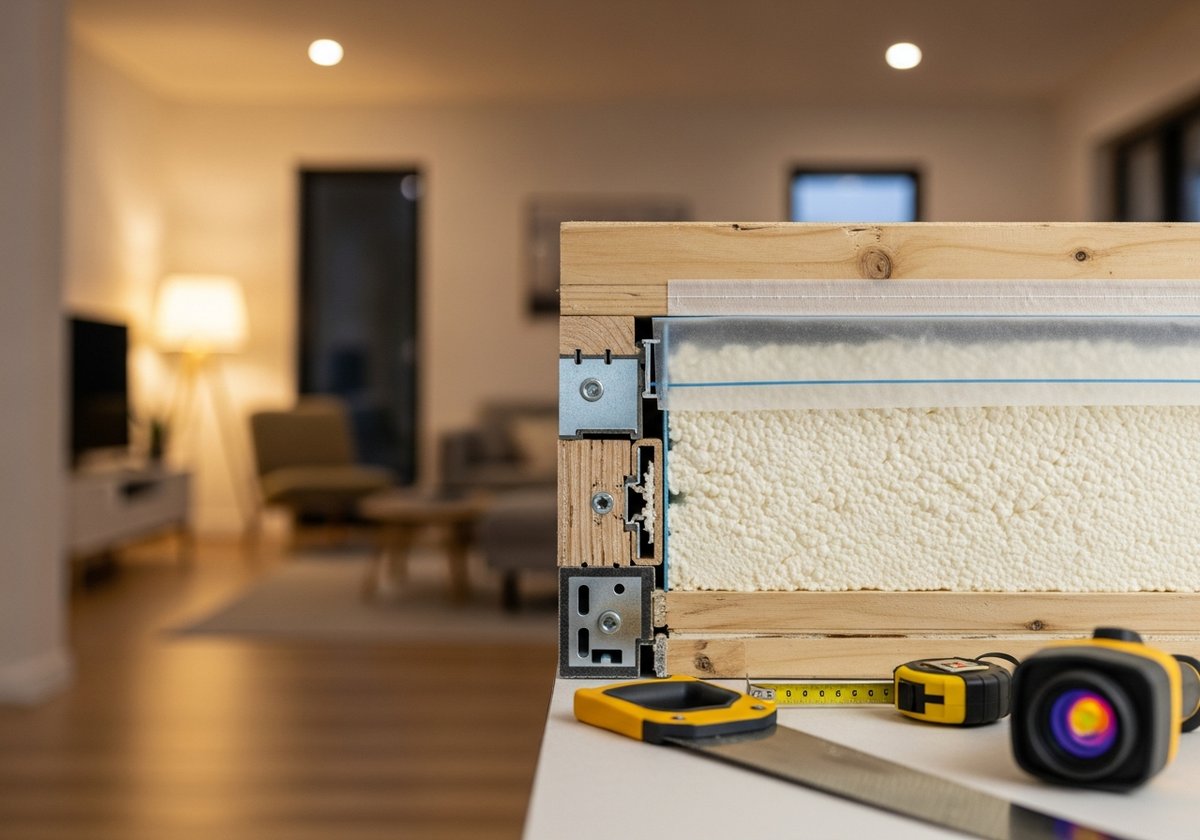 Prefab home wall cross-section revealing tight insulation and precision joinery that drives long-term energy cost savings
