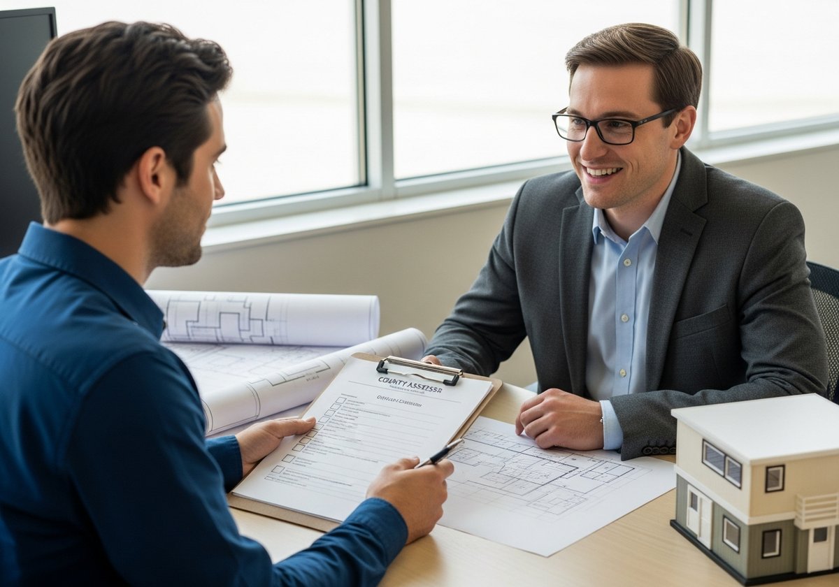 Prospective prefab home buyer consulting with a county tax assessor before installation to understand tax implications