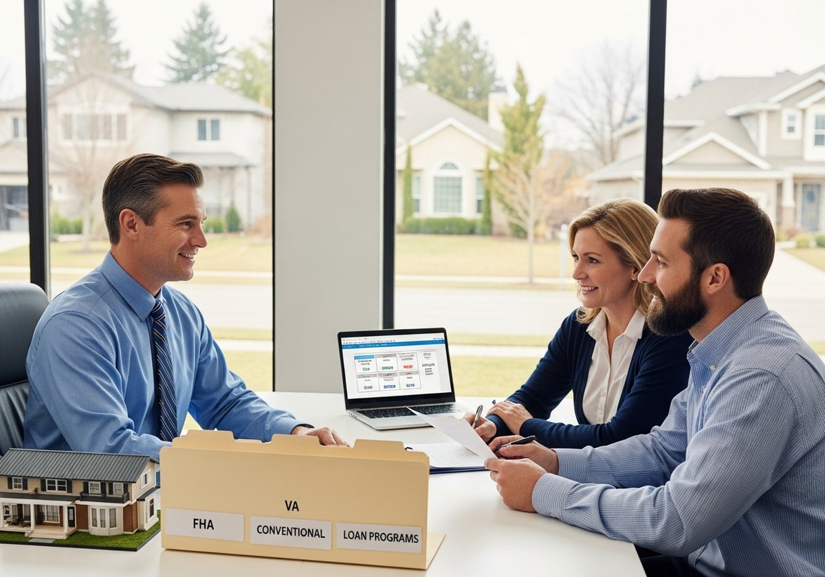 Loan officer reviewing FHA, VA, and conventional refinance loan program options with a homeowner couple at a modern office de