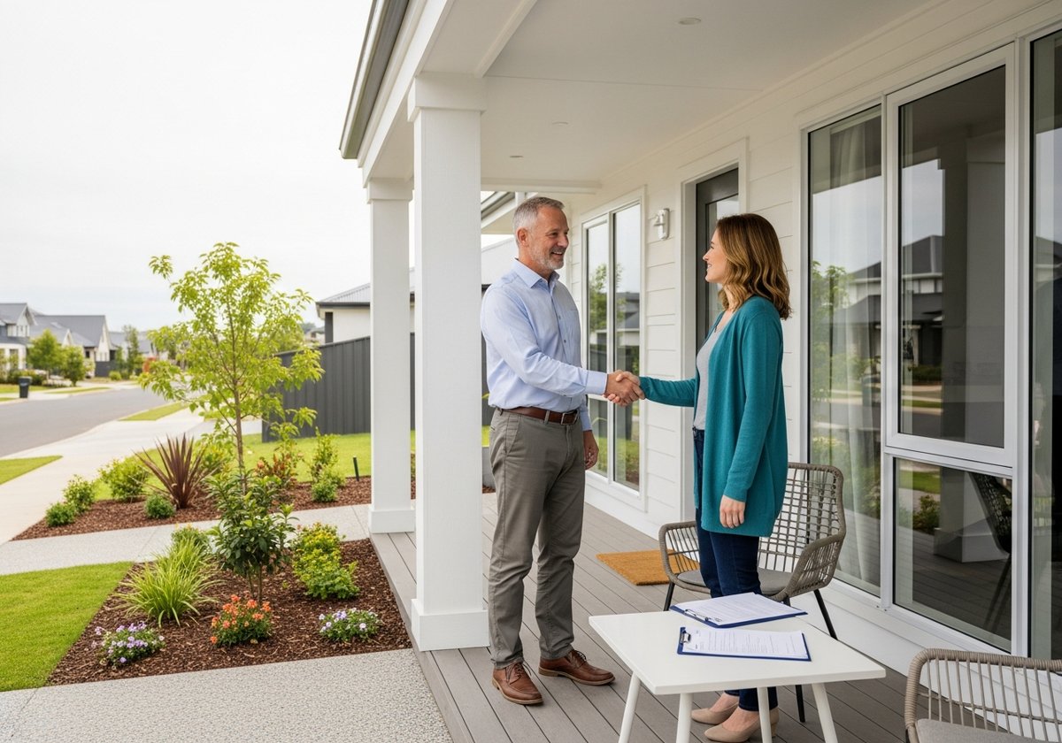 Landlord and tenant shaking hands on the porch of a modern prefab rental home with lease paperwork on a table.