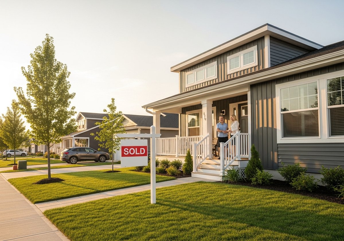 Modern modular prefab home with sold sign and happy buyers shaking hands with agent, illustrating improved resale value perce
