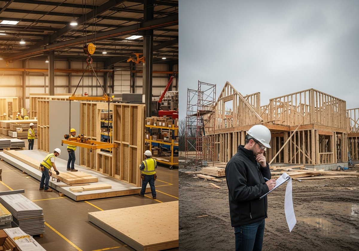 Factory modular home assembly indoors contrasted with weather-exposed stick-built framing and contractor reviewing overrun co