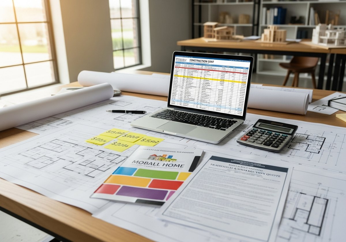 Architect's desk with construction blueprints, cost spreadsheets, and building quote documents comparing prefab and site-buil