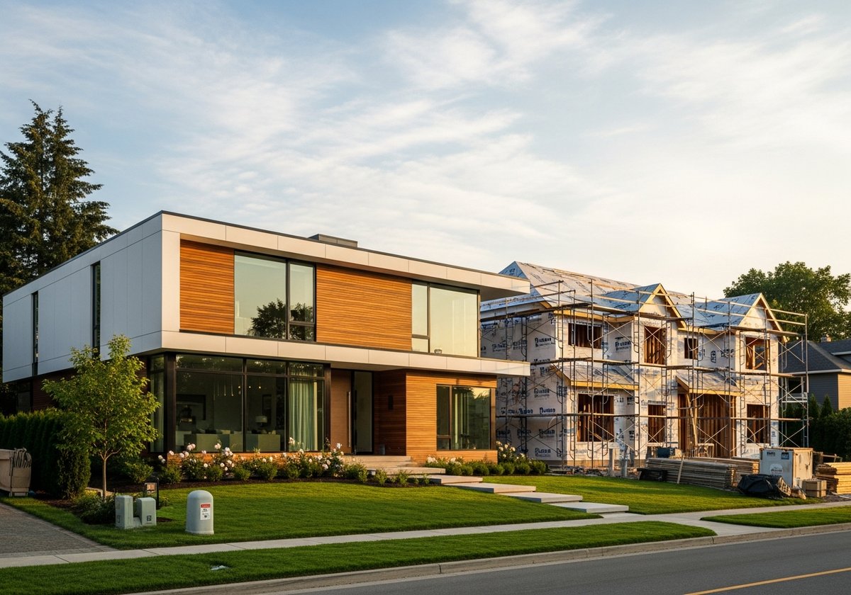 Long-Term ROI of Prefab Homes vs Traditional Construction Modern prefab home beside a traditional stick-built home under construction, side-by-side cost comparison visual