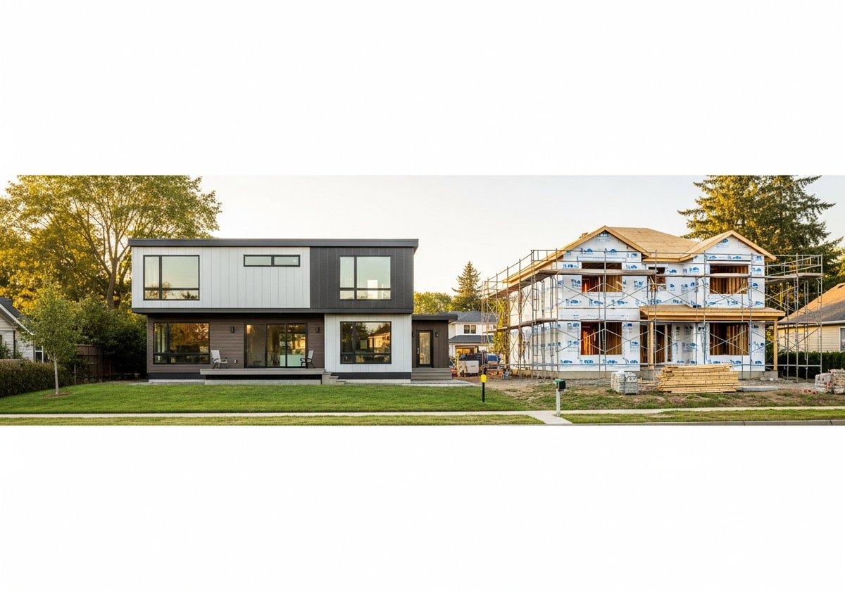 Long-Term ROI of Prefab Homes vs Traditional Construction Modern prefab home and traditional construction house side by side on a suburban lot, comparing two building approaches