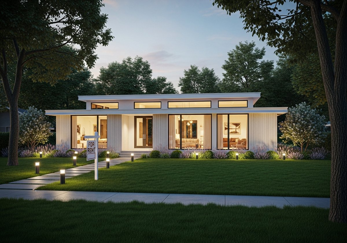 Renting Out a Prefab Home: Revenue vs Reality Modern prefab home with warm interior lighting on a landscaped lot at dusk with a for-rent sign near the entrance.