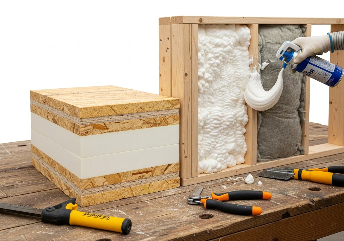 Cross-section of a structural insulated panel showing rigid foam core and OSB facings alongside spray foam insulation