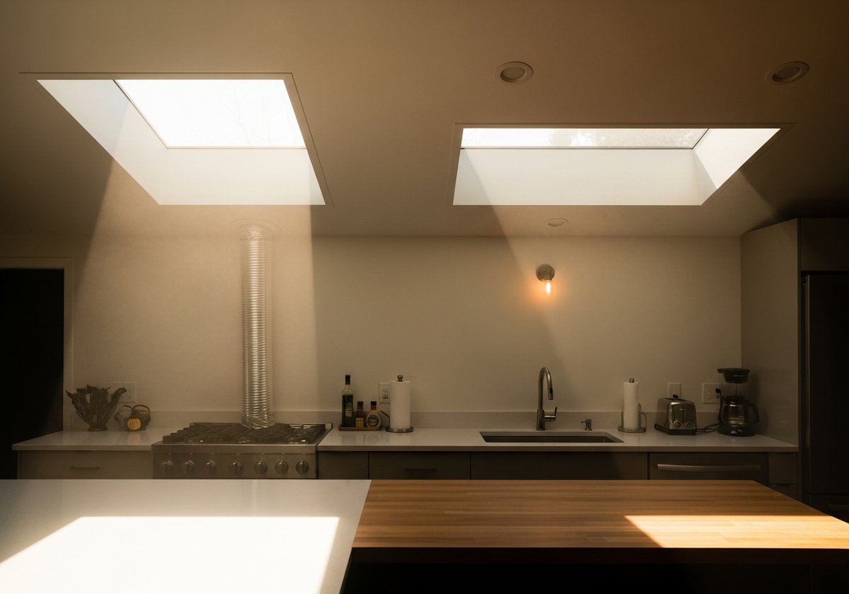 Prefab home kitchen interior lit entirely by skylights, with natural light shafts falling onto countertops and island