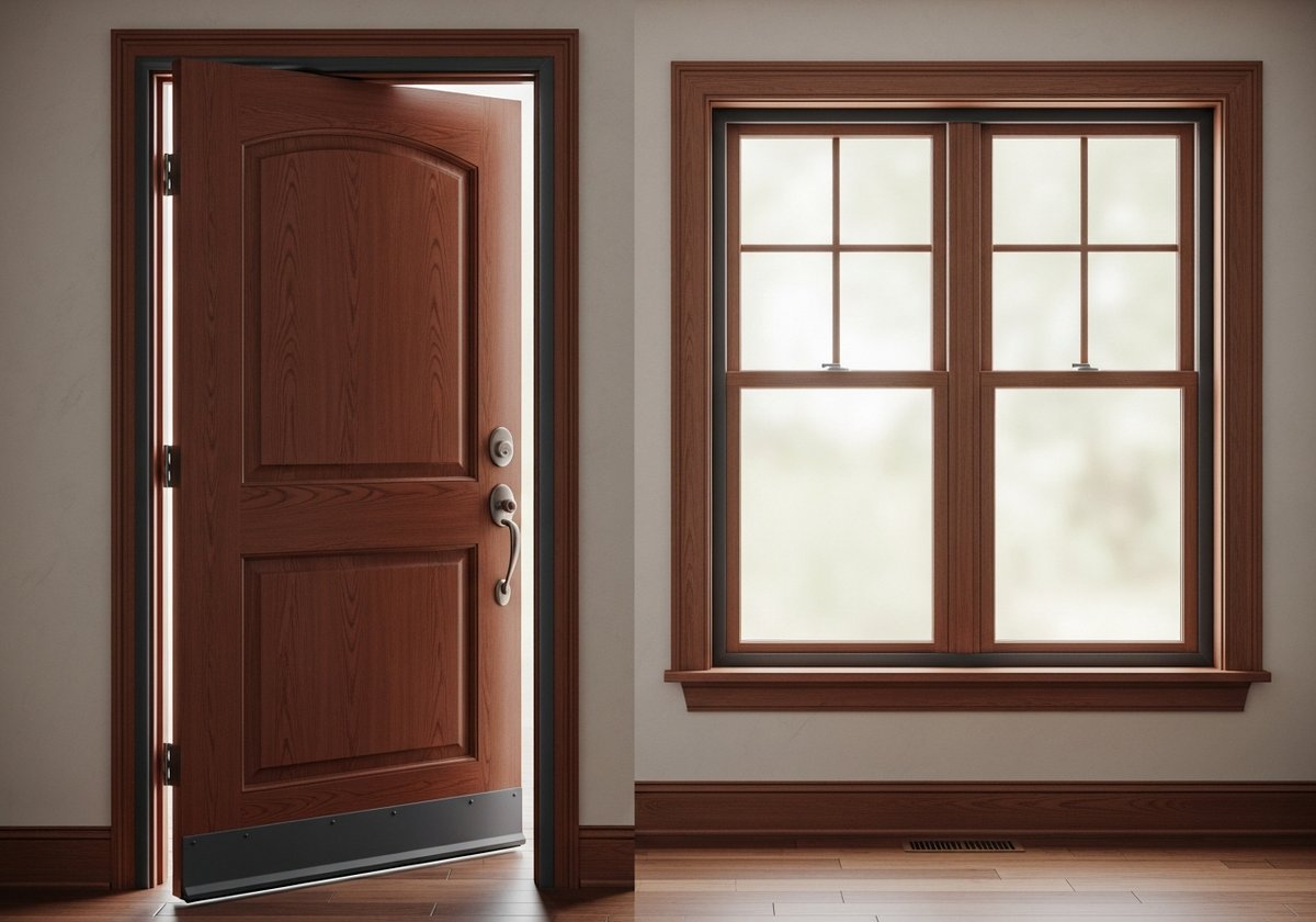 Solid-core door with acoustic door sweep and sealed double-pane window showing noise weak points addressed in a home