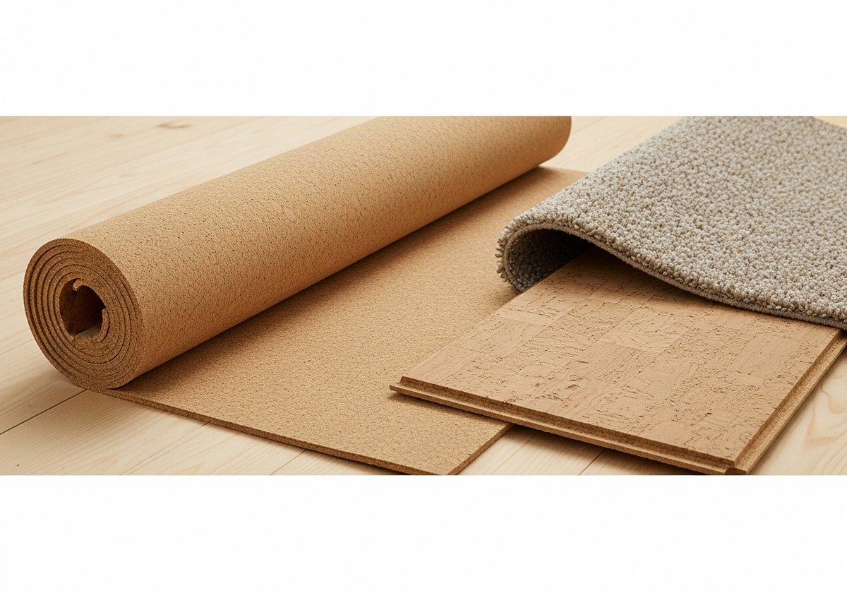 Cork underlayment, thick carpet padding, and cork flooring planks displayed as sound-absorbing flooring material options