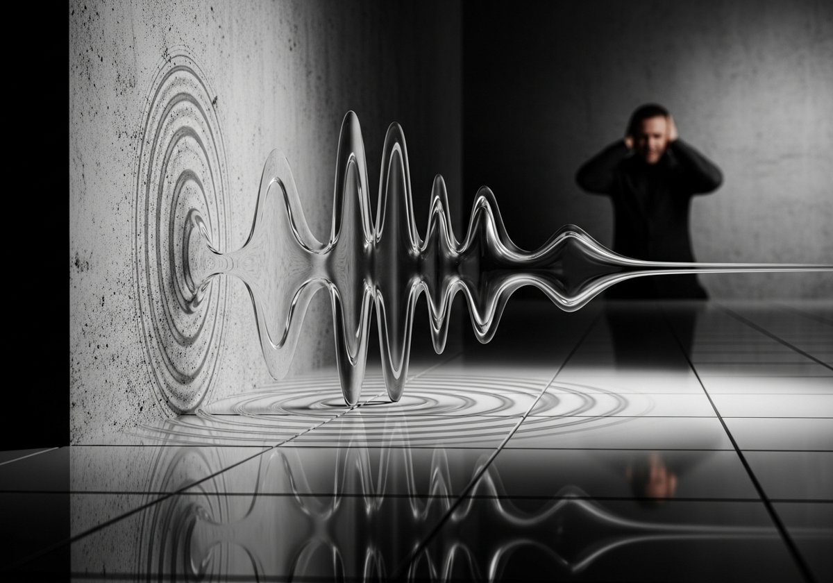 Sound waves bouncing off hard walls and floors in a bare interior room illustrating poor acoustic comfort
