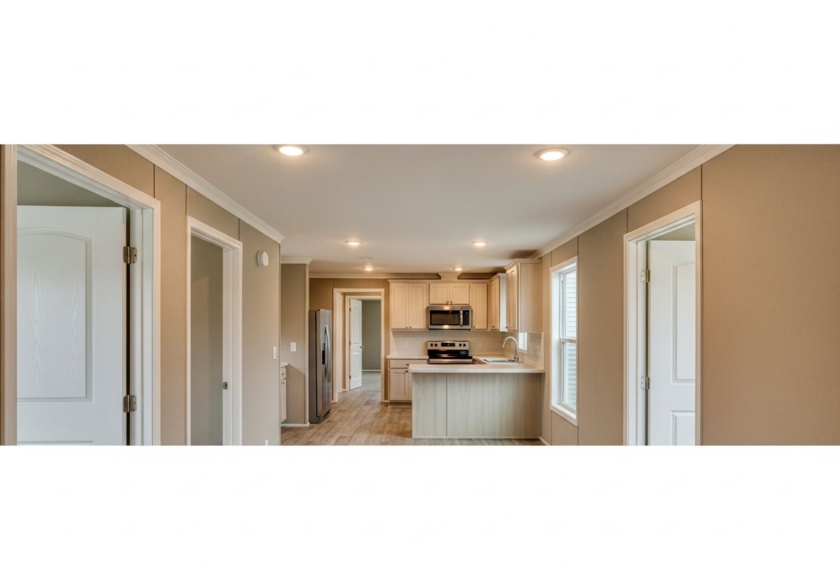 Interior hallway and living area of a manufactured home showing standard seven-foot ceiling height and trim details.