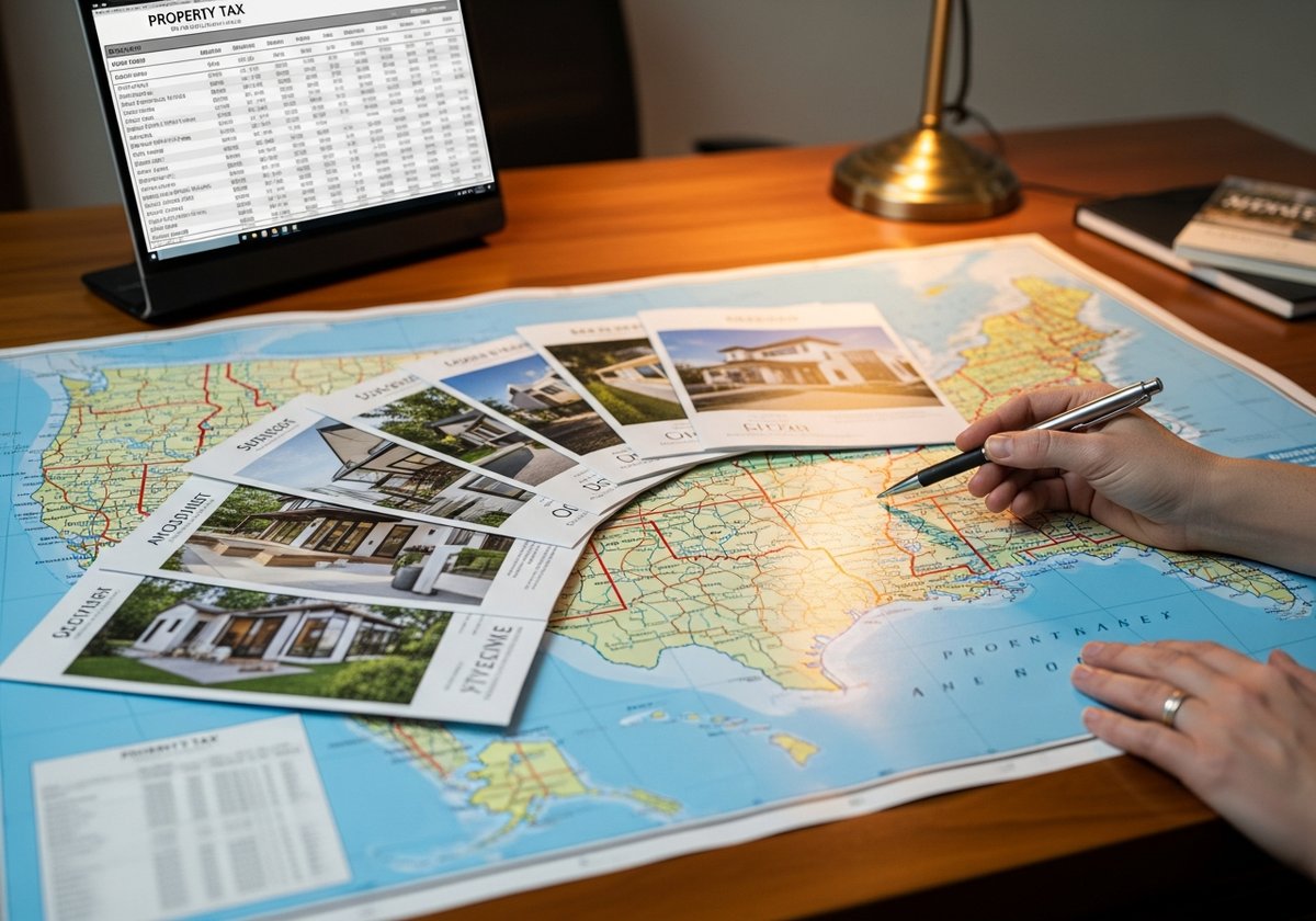 US map with state property tax documents illustrating how prefab home tax rules vary significantly by location