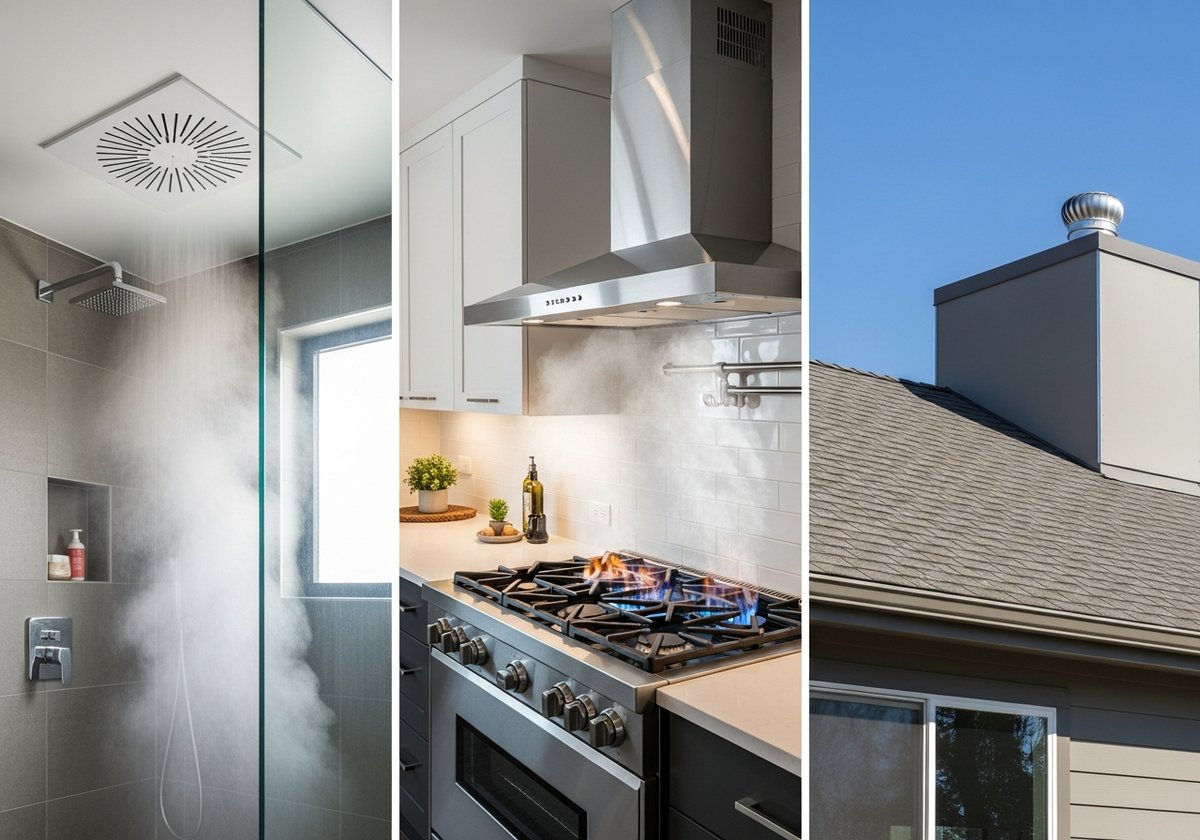 Three residential ventilation types: bathroom exhaust fan, kitchen range hood, and rooftop passive vent on a prefab home