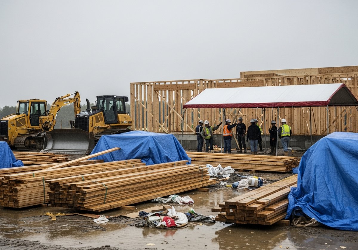 Traditional home construction site with weather delays, exposed lumber under tarps, material waste, and idle workers on a rai