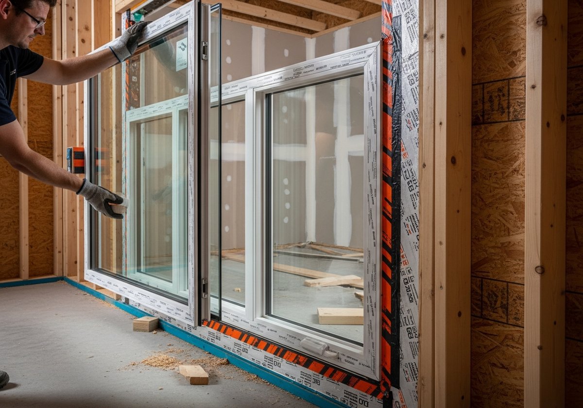 Worker installing a thick triple-pane low-emissivity window with airtight flashing tape in a prefab home wall