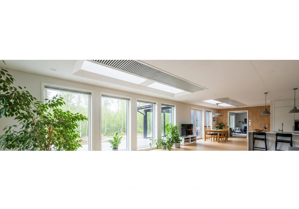 Ventilation in Prefab Homes: What Keeps Them Healthy Bright modern prefab home interior with ceiling ventilation grilles, large windows, and healthy indoor air quality