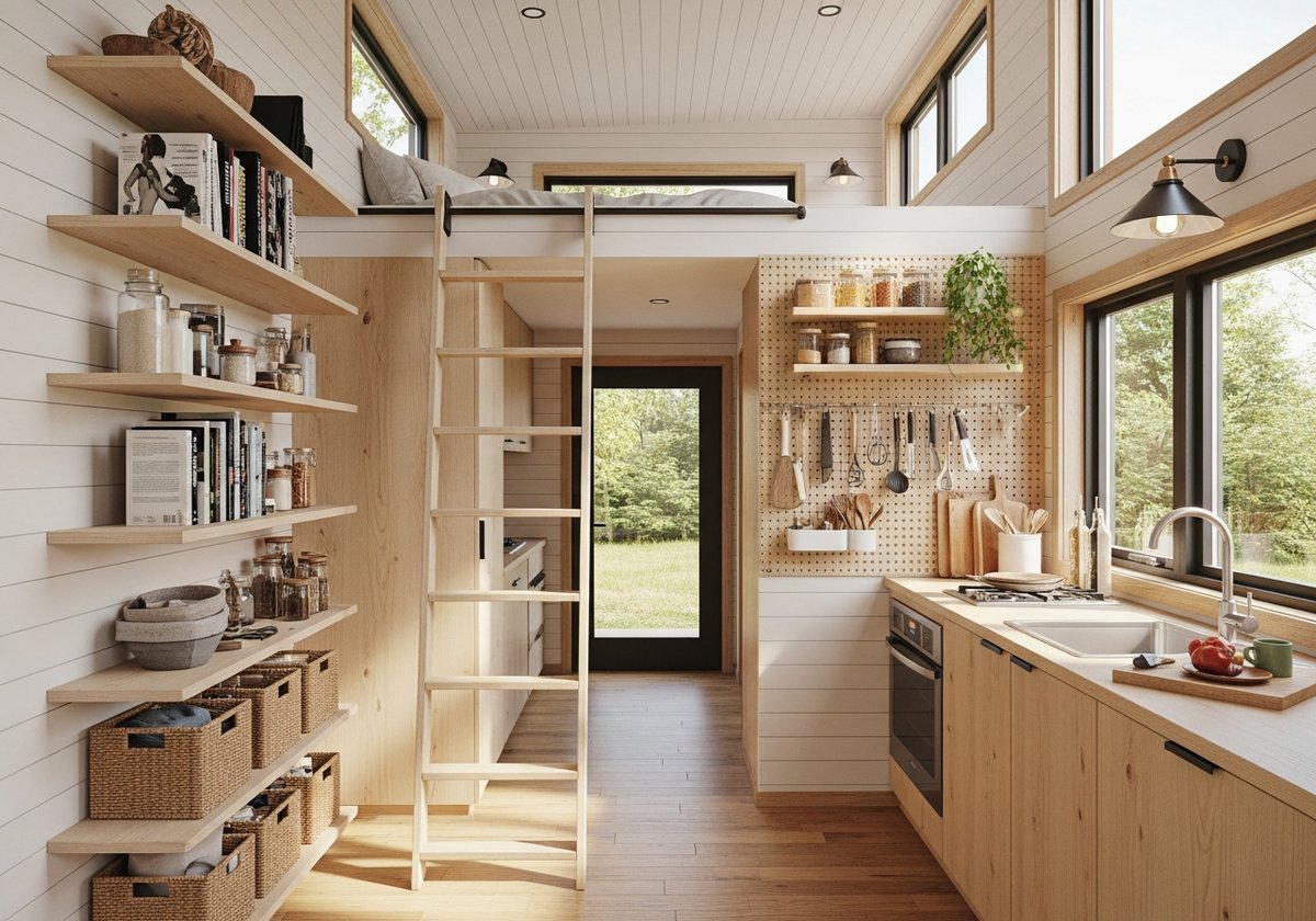 Small prefab home interior with tall wall shelves and vertical storage maximizing space while keeping floors completely clear