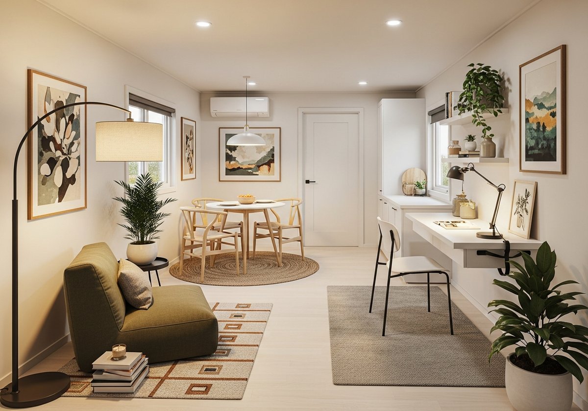 Open-plan small prefab home with clearly defined activity zones separated by rugs and lighting for dining, reading, and work.