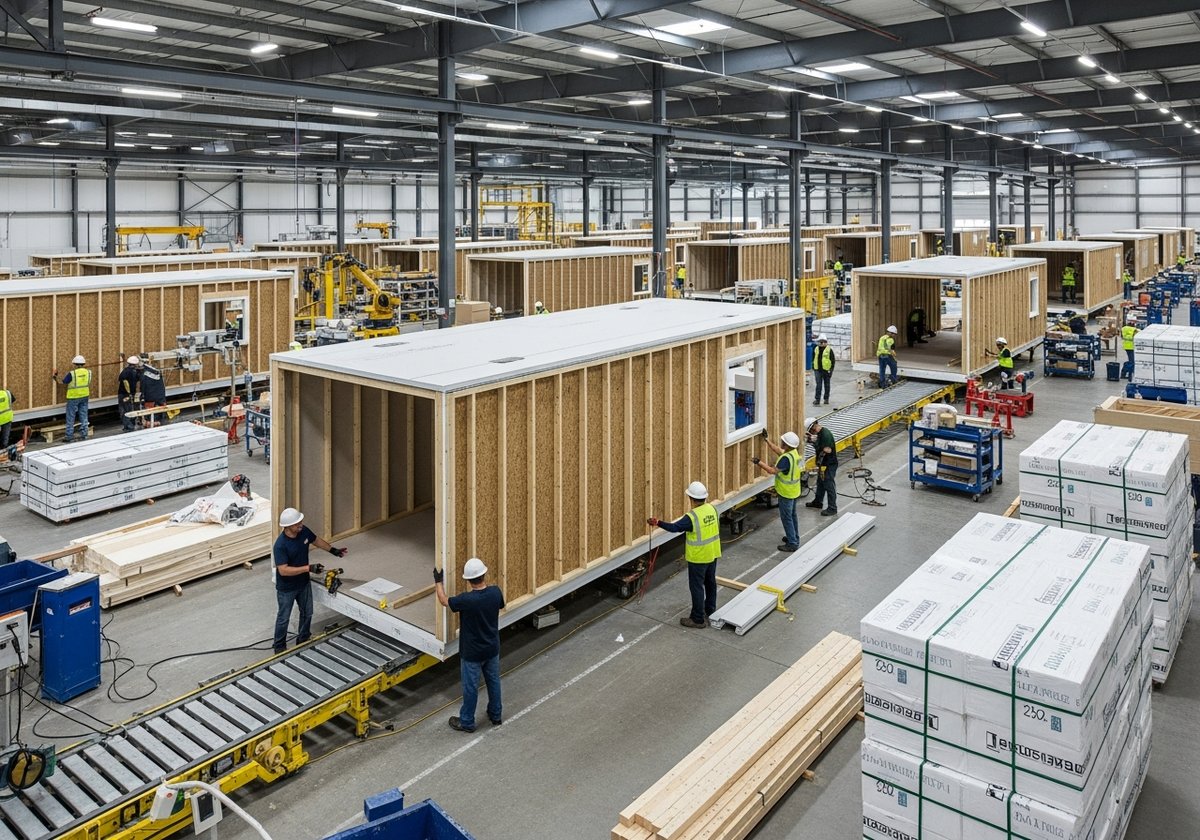 Workers assembling prefab home modules with fire-resistant panels inside a large modern manufacturing facility