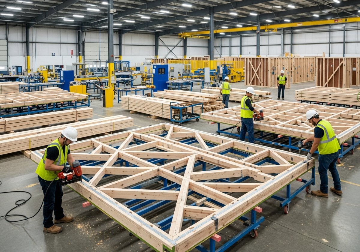 Factory workers assembling precision-engineered modular home wall panels in a controlled manufacturing environment.