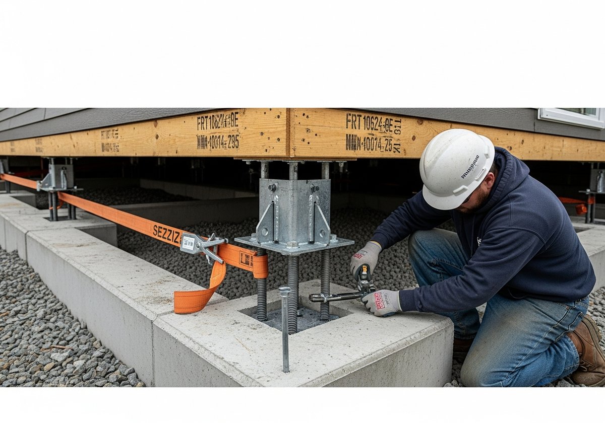 Construction worker installing seismic anchor bolts connecting a modular home to its concrete foundation.
