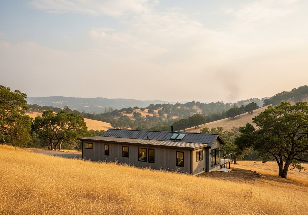 Prefab Homes in Wildfire Zones: Materials That Matter Modern prefab home with metal roof on a California hillside surrounded by dry wildfire-prone landscape