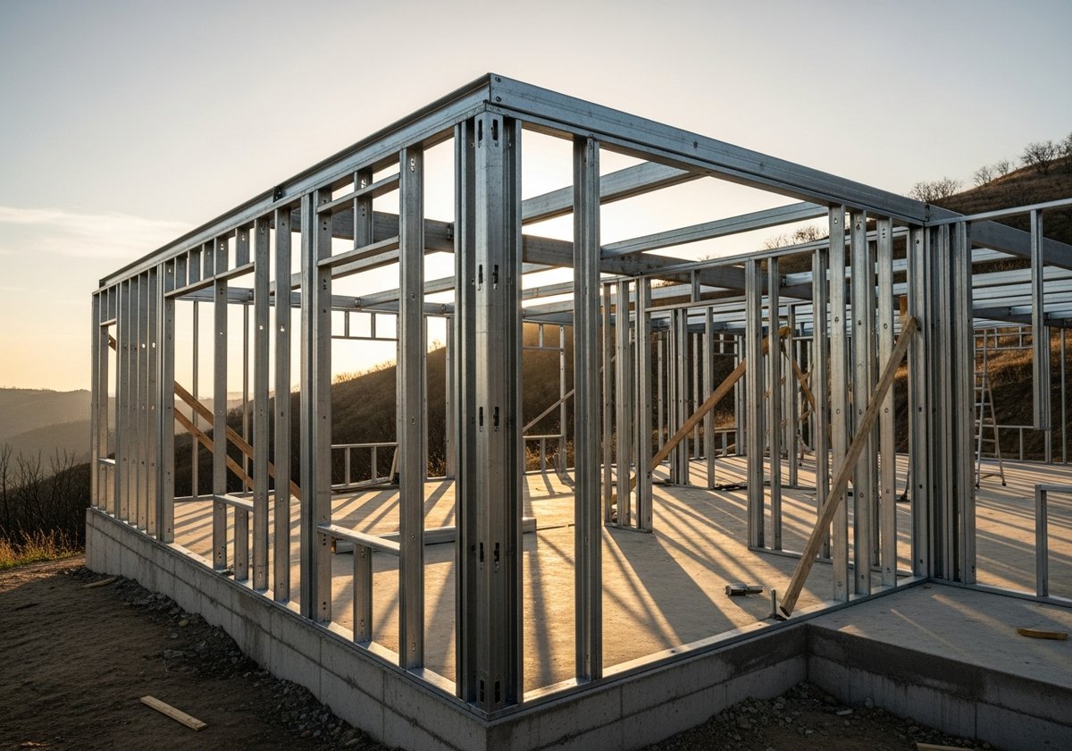 Exposed steel frame structure of a modular home under construction in a dry mountainous wildfire-prone area
