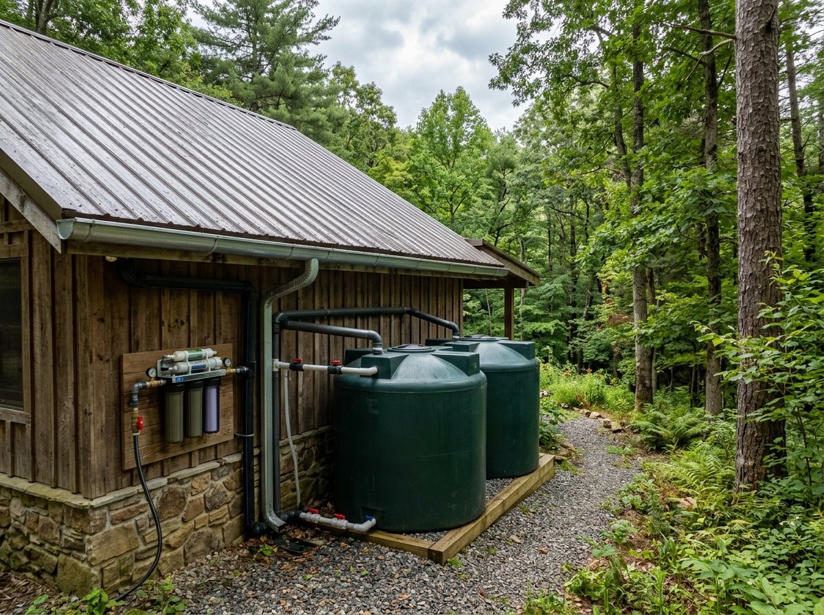 Rainwater harvesting system with gutters, sealed storage tanks and filtration unit at an off-grid cabin