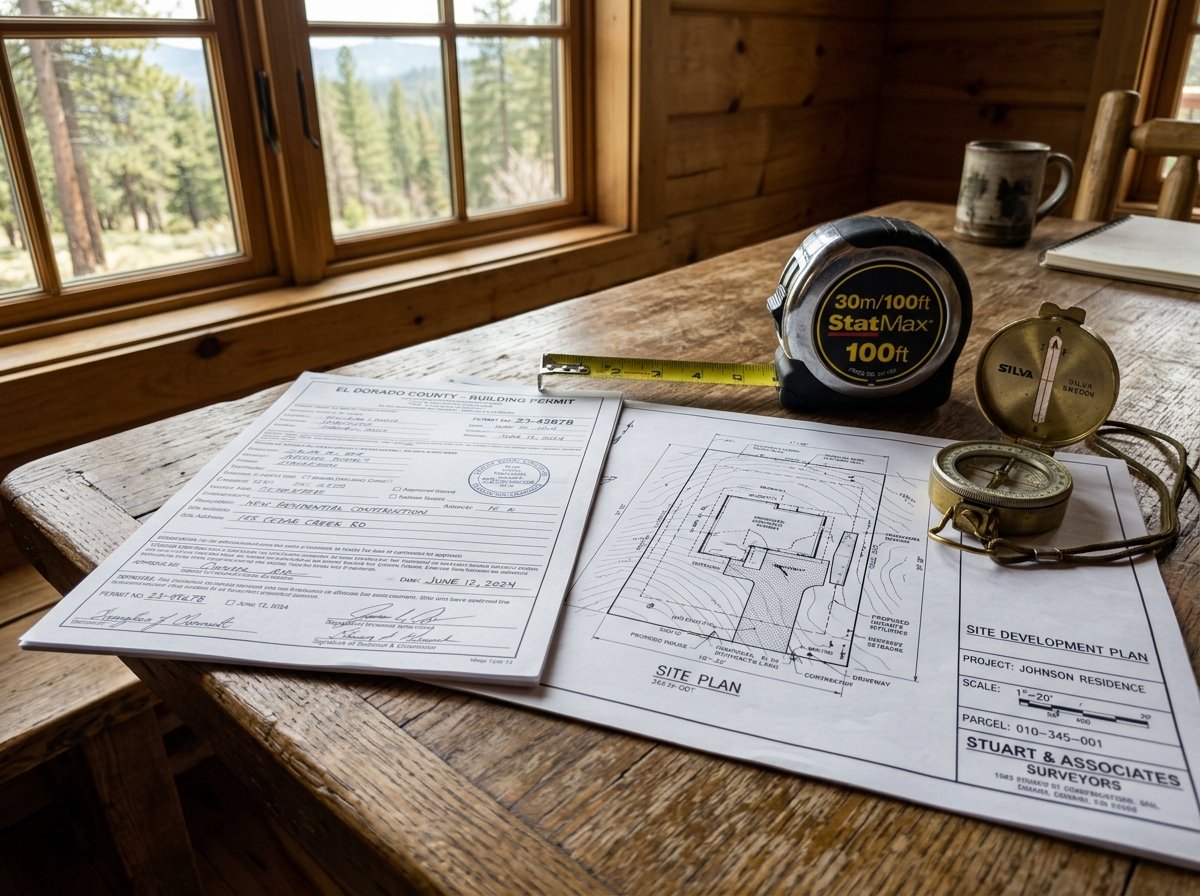 Building permit documents, land survey map and measuring tools on a table for off-grid cabin planning