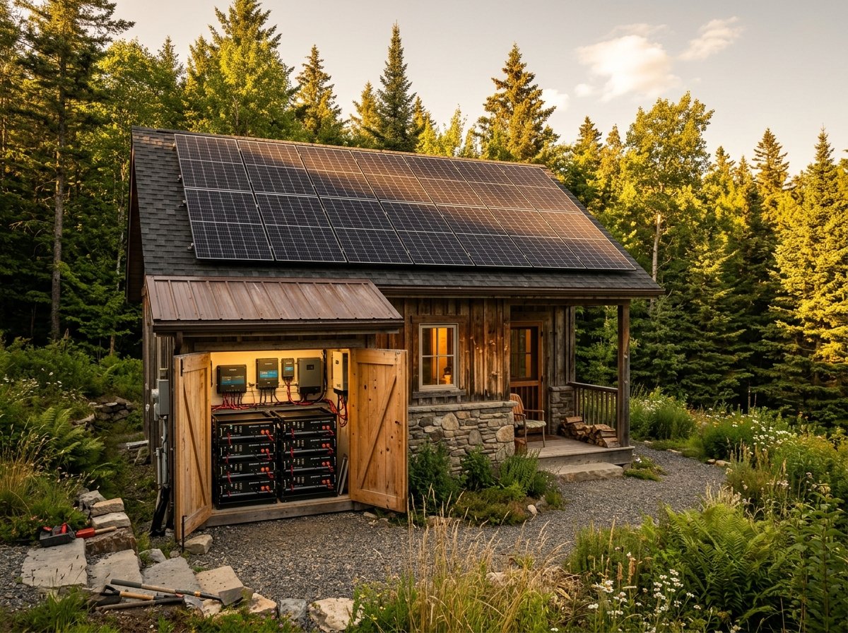 Rooftop solar panels on a remote cabin with battery storage unit visible nearby in a rural setting