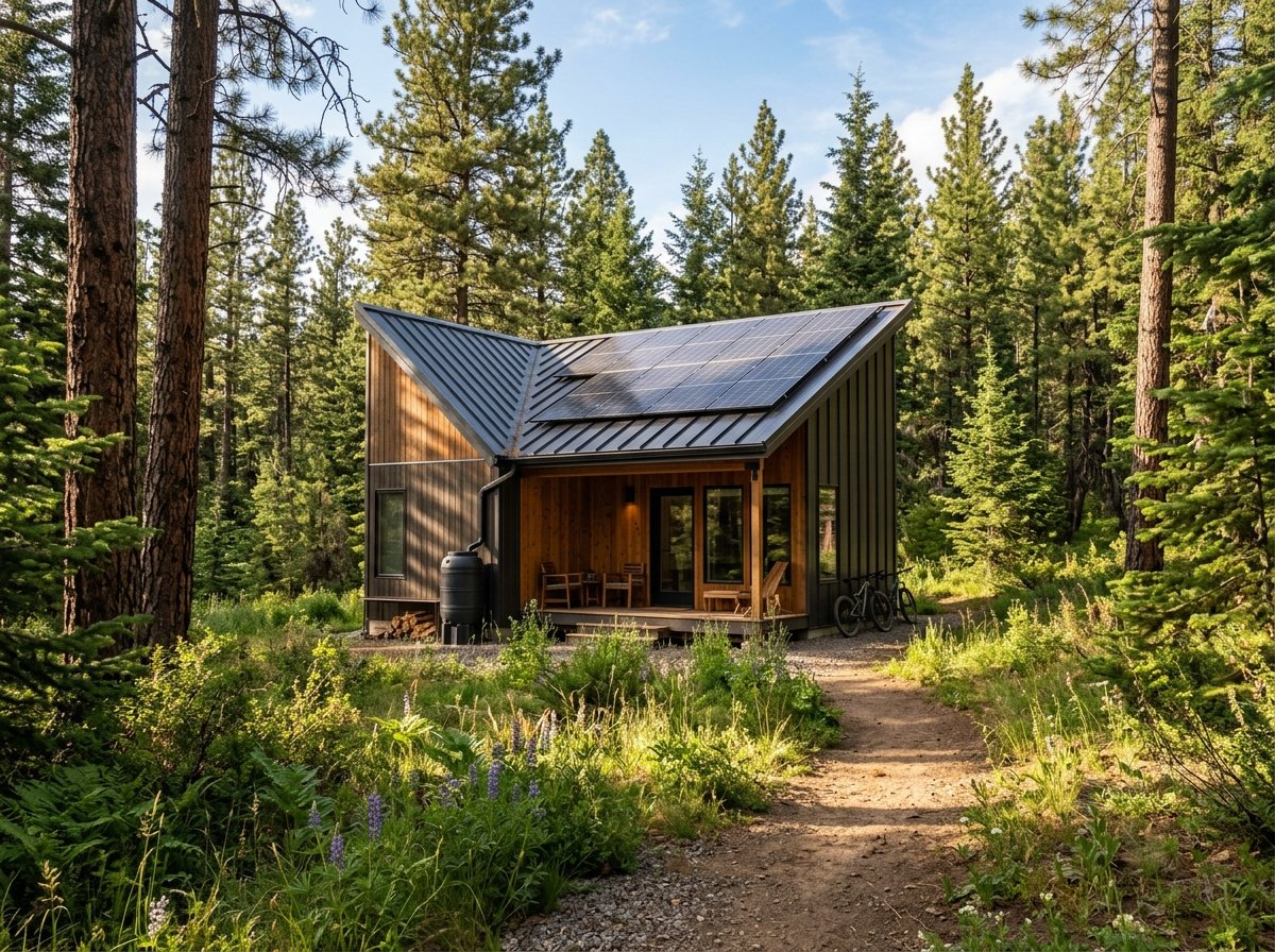 Off grid prefab cabins: solar, batteries, water and waste Modern prefab cabin in pine forest with solar panels on roof and rainwater barrel, off-grid living setup