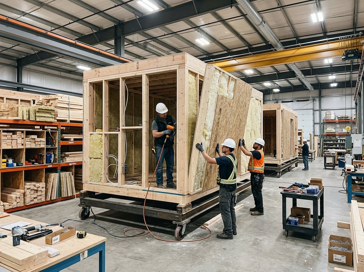 Factory workers assembling prefab cabin wall panels in a controlled manufacturing facility