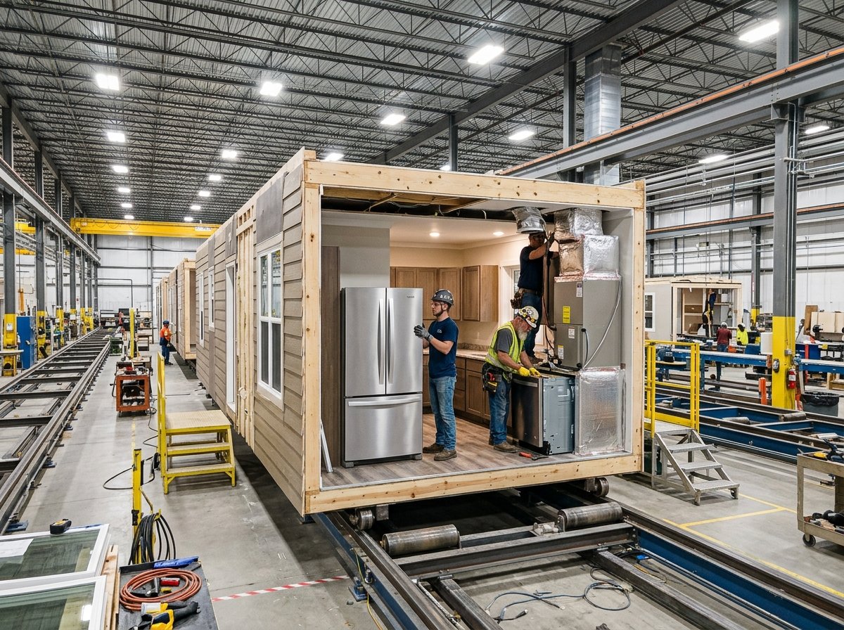 Workers installing appliances including refrigerator and HVAC unit inside a modular home module on a factory assembly line
