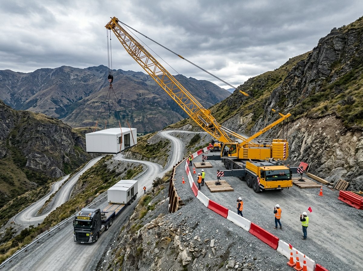 Mobile crane on constructed pad lifting prefab module up a steep hillside access road