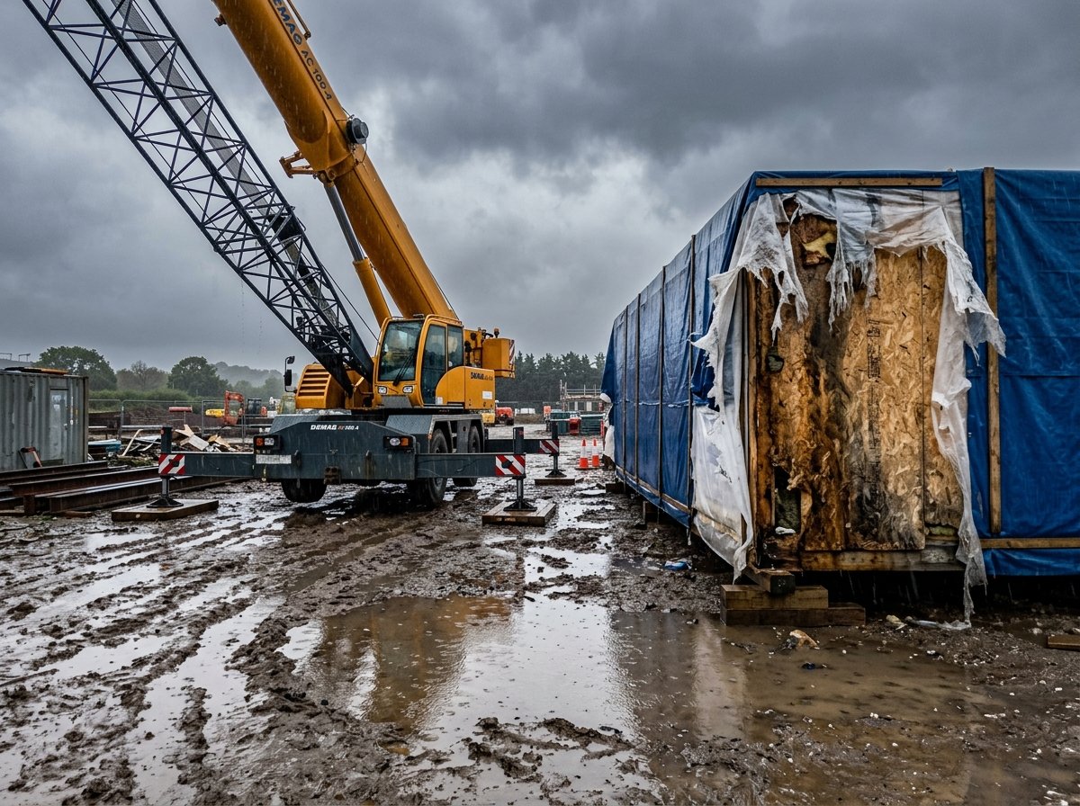 Idle crane and weather-damaged prefab module showing hidden delivery delay costs