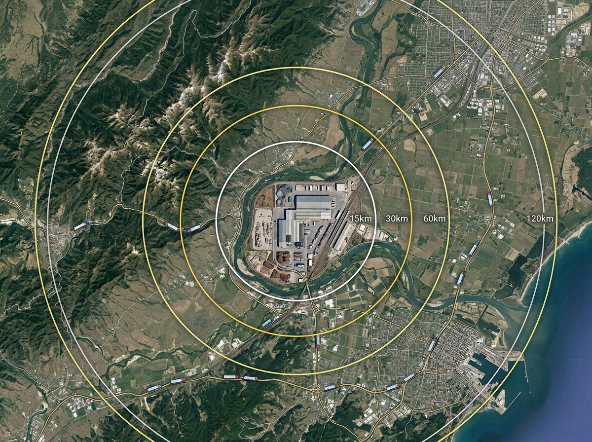 Aerial view of factory with delivery radius zones across mountains plains and coast