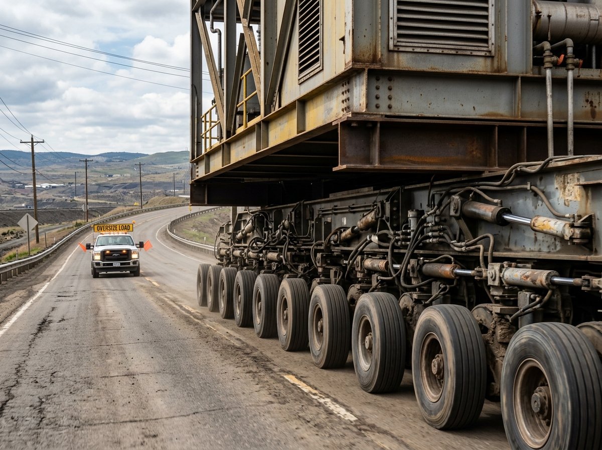 Specialized hydraulic steering trailer transporting oversize prefab module on highway