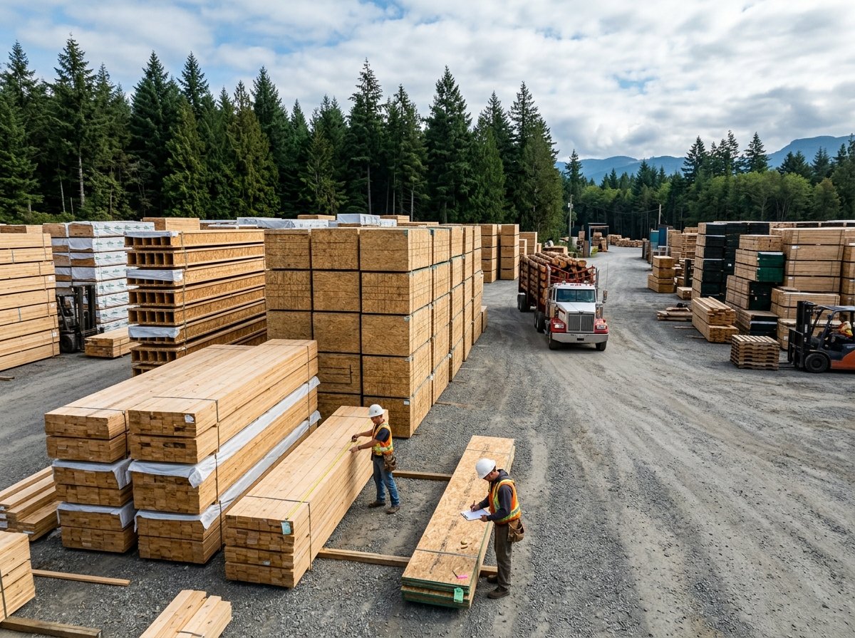 Engineered lumber and OSB panels stacked at a prefab factory yard with a forested background