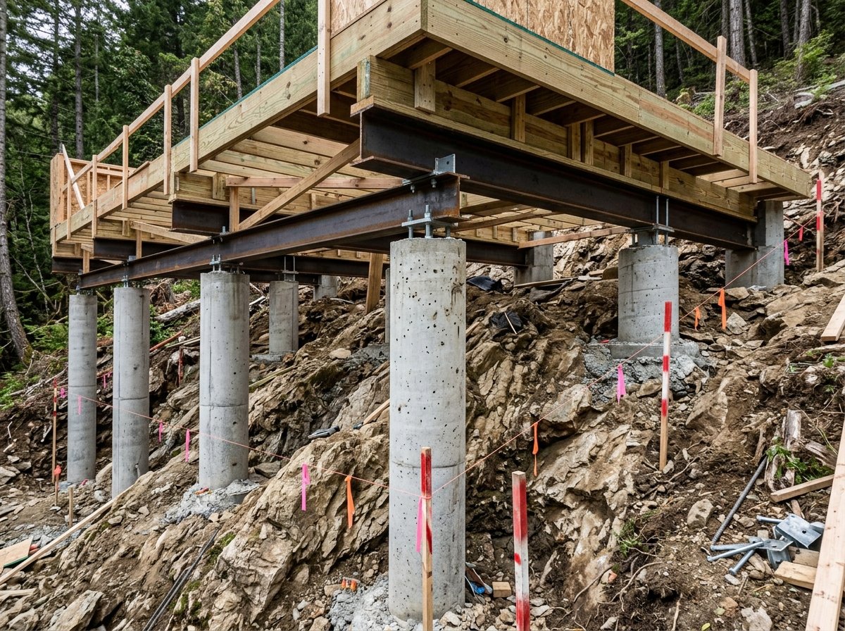 Pier and beam foundation system with varying height piers on a steep hillside slope