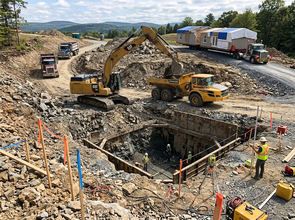 Excavator digging a deep basement foundation with dump trucks and survey equipment at a prefab home site.