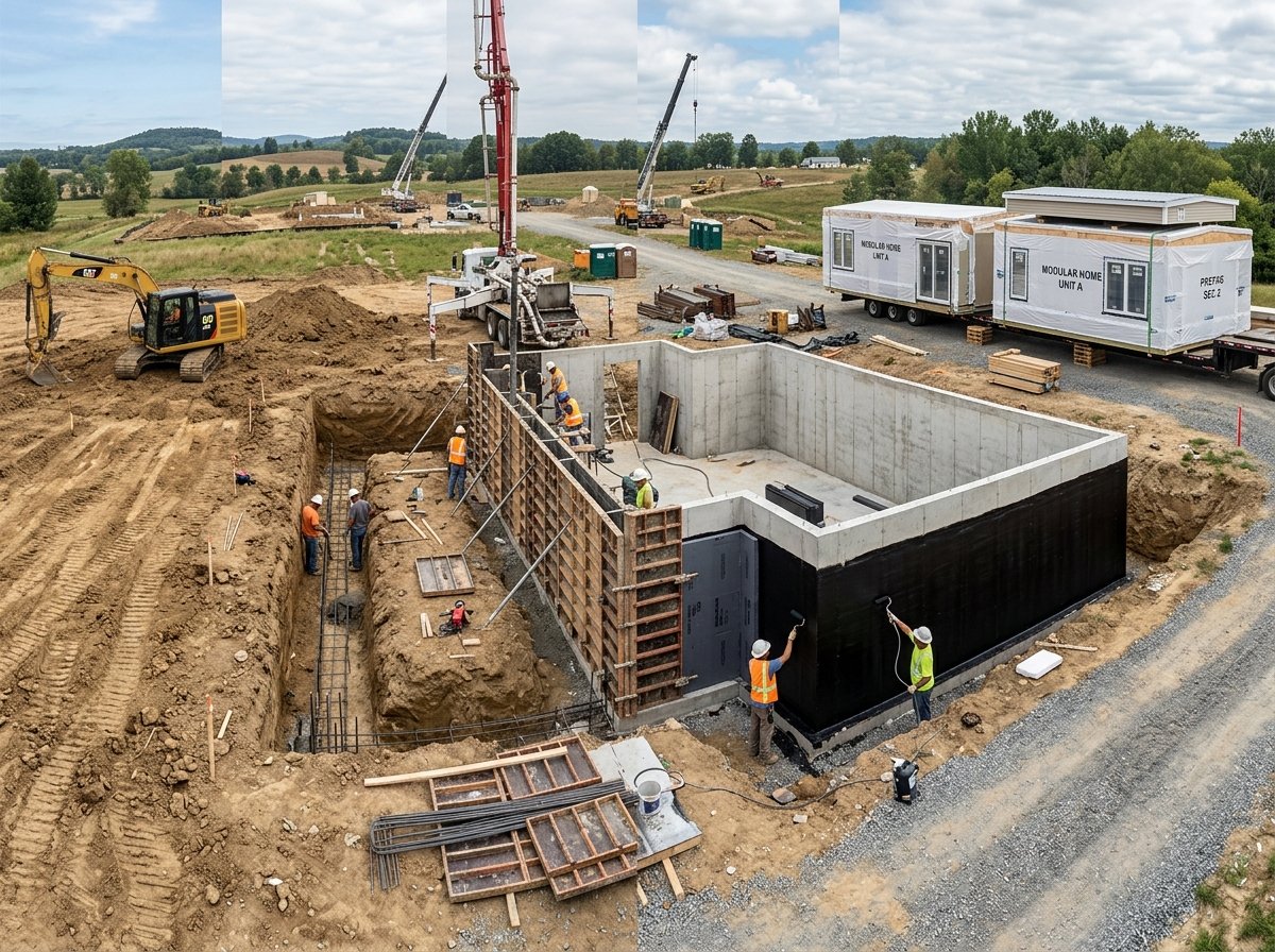 Construction sequence showing basement excavation, concrete walls, and waterproofing for prefab home installation.